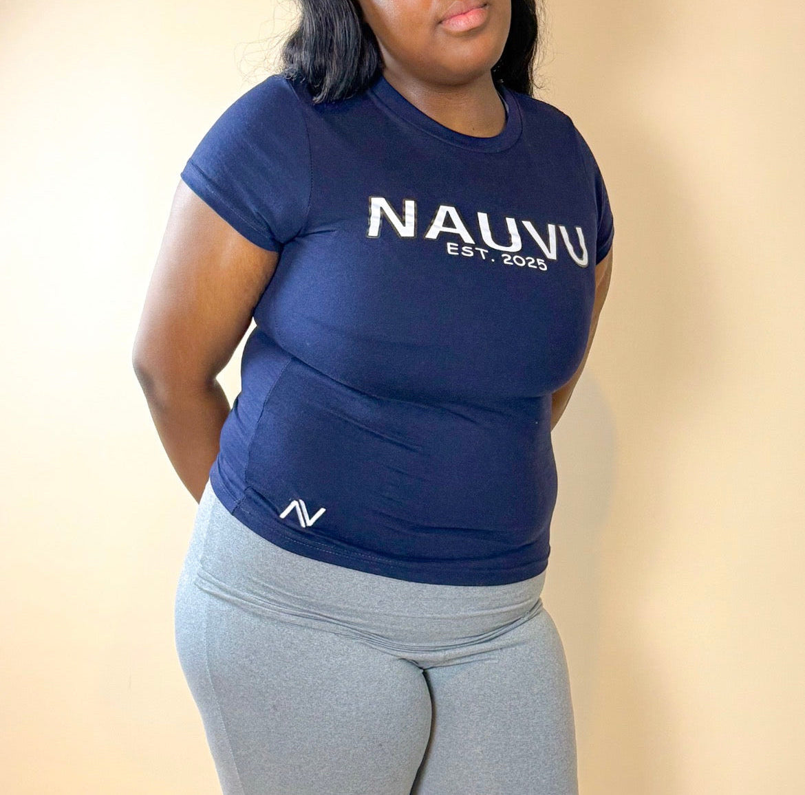 Nauvu graphic jersey t-shirt with printed script logo and 2025 design on chest, classic fit cotton tee