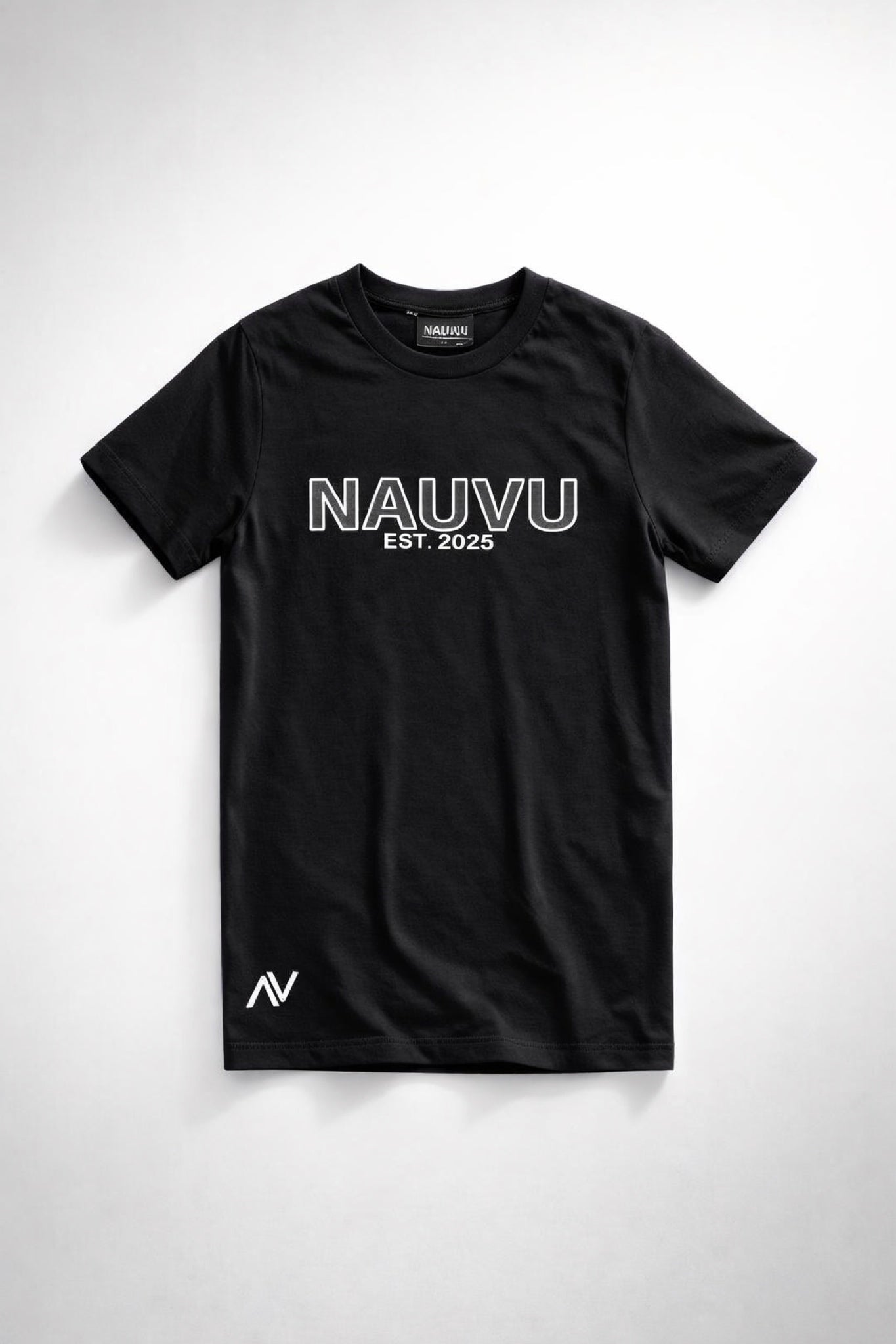 Black t-shirt with 'NAUVU EST. 2025' text on a white background