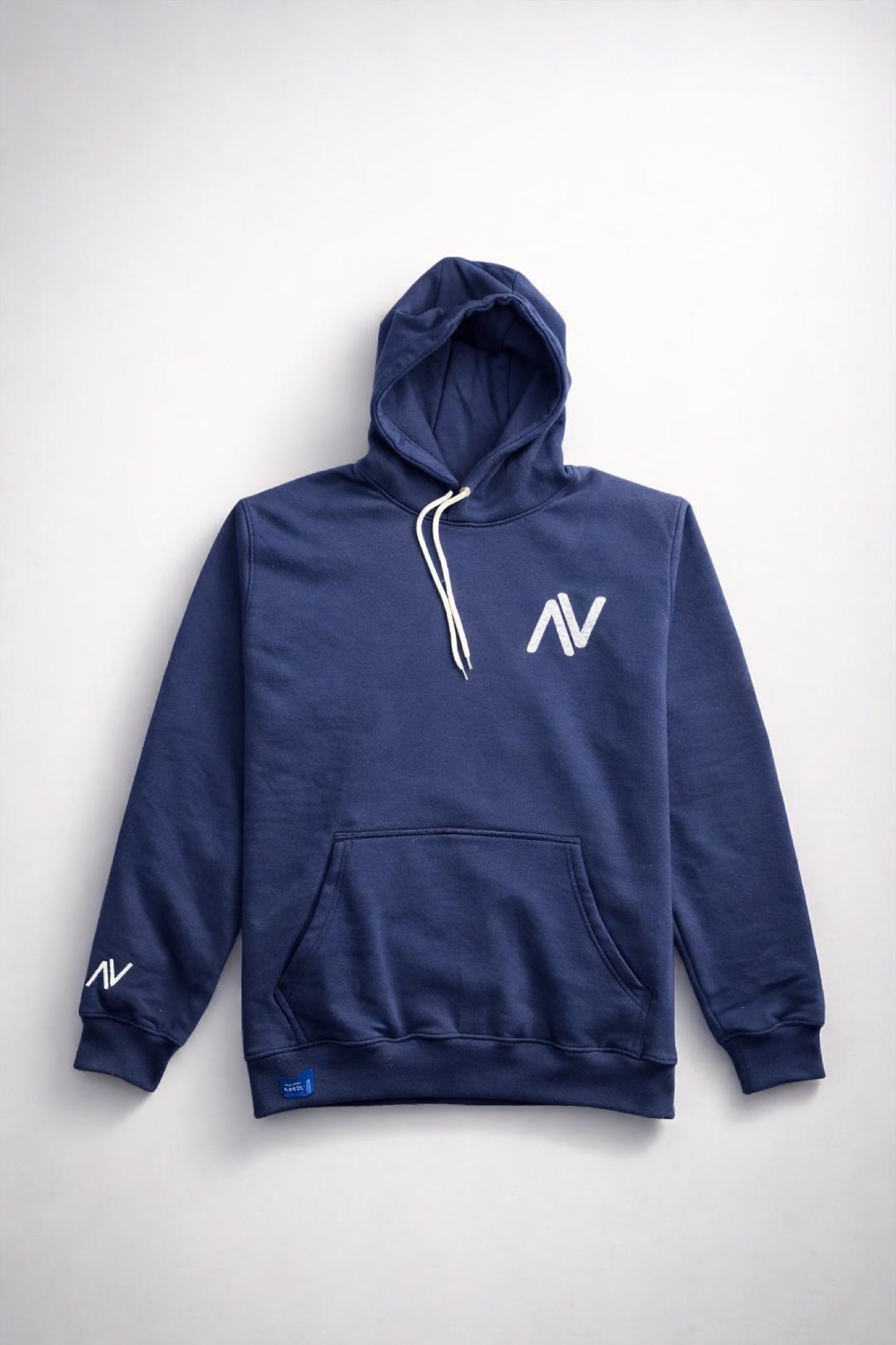 Navy blue hoodie with a logo on a white background